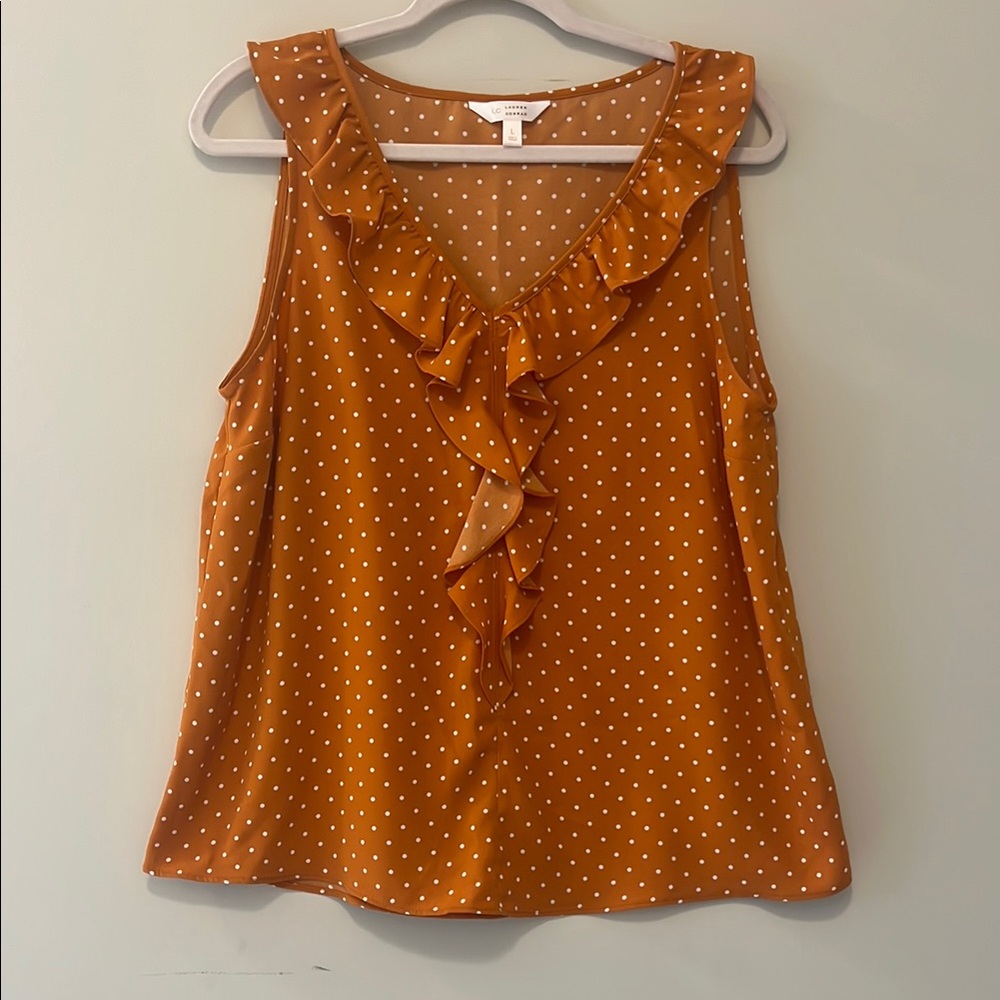 Lauren Conrad Orange Ruffled Polka Dot Sleeveless Top Sz L